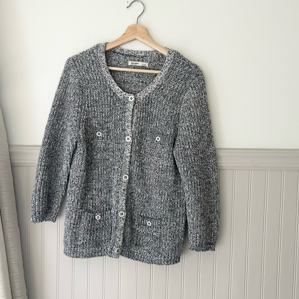 Old Navy Large Marled Gray Button Front Cardigan 100% Cotton Knit Sweater
